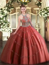 Customized Sleeveless Tulle Floor Length Lace Up Quinceanera Gown in Wine Red with Beading and Appliques