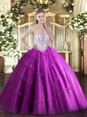 Fuchsia Sleeveless Tulle Zipper Quinceanera Gown for Military Ball and Sweet 16 and Quinceanera