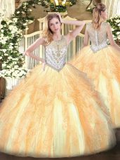 Gold Ball Gowns Beading and Ruffles Quinceanera Gowns Zipper Tulle Sleeveless Floor Length