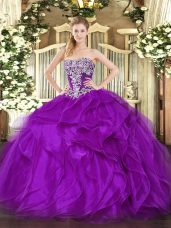 Purple 15th Birthday Dress Military Ball and Sweet 16 and Quinceanera with Beading and Ruffles Strapless Sleeveless Lace Up