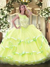 Yellow Green Ball Gowns Beading and Ruffled Layers Quinceanera Dress Lace Up Organza Sleeveless Floor Length