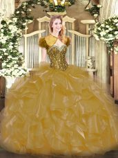 Popular Sleeveless Organza Floor Length Lace Up Quinceanera Gowns in Gold with Beading and Ruffles