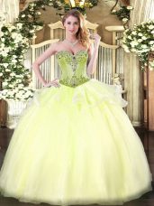 Light Yellow Organza Lace Up Sweetheart Sleeveless Floor Length Quinceanera Gown Beading