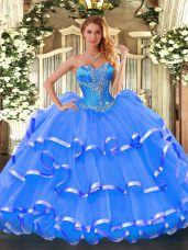 Blue Sleeveless Floor Length Beading and Ruffled Layers Lace Up Quinceanera Gown