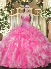 Hot Pink Sweetheart Neckline Beading and Ruffles Quinceanera Dresses Sleeveless Lace Up