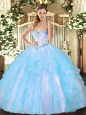 Floor Length Ball Gowns Sleeveless Aqua Blue Ball Gown Prom Dress Lace Up