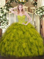 Olive Green Ball Gowns Sweetheart Sleeveless Organza Floor Length Lace Up Beading and Ruffles 15 Quinceanera Dress