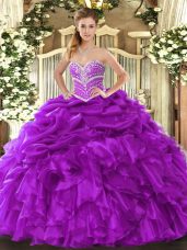 Exceptional Purple Sleeveless Organza Lace Up Quinceanera Dress for Military Ball and Sweet 16 and Quinceanera