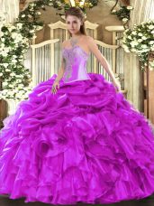 Fuchsia Sleeveless Beading and Ruffles and Pick Ups Floor Length Sweet 16 Quinceanera Dress