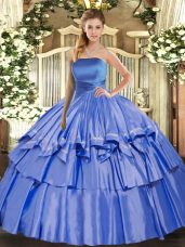 Dynamic Blue Lace Up Strapless Ruffled Layers Ball Gown Prom Dress Organza Sleeveless