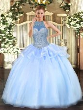 Blue Lace Up Sweet 16 Dresses Beading Sleeveless Floor Length