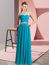 Eye-catching Beading Evening Dress Teal Clasp Handle Sleeveless Floor Length