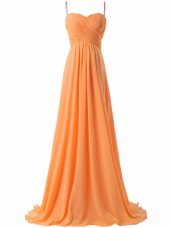 Trendy Orange Prom Gown Spaghetti Straps Sleeveless Sweep Train Criss Cross