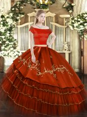 Chic Off The Shoulder Short Sleeves Zipper Sweet 16 Dress Rust Red Organza and Taffeta