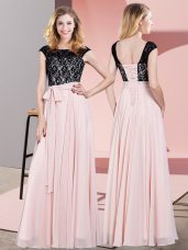 Baby Pink Chiffon Lace Up Scoop Sleeveless Floor Length Prom Dresses Lace and Belt
