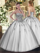 Floor Length Ball Gowns Sleeveless Grey Quinceanera Gown Lace Up