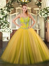 Customized Ball Gowns Vestidos de Quinceanera Gold Sweetheart Tulle Sleeveless Floor Length Lace Up