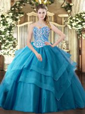 Teal Sleeveless Floor Length Beading and Ruffled Layers Lace Up Sweet 16 Dress