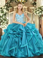 Wonderful Teal Organza Lace Up Straps Sleeveless Floor Length Quinceanera Gown Beading and Appliques and Ruffles
