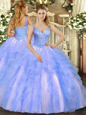 Floor Length Ball Gowns Sleeveless Blue Quinceanera Gowns Lace Up