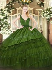 Gorgeous Dark Green Ball Gowns Straps Sleeveless Organza and Taffeta Floor Length Zipper Beading and Embroidery and Ruffled Layers 15th Birthday Dress