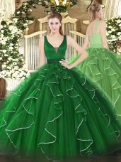 Smart Green Tulle Zipper Straps Sleeveless Floor Length Vestidos de Quinceanera Beading and Ruffles