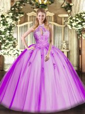 Sumptuous Fuchsia Halter Top Neckline Lace and Appliques 15th Birthday Dress Sleeveless Lace Up