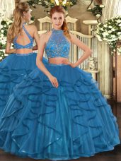 Cute Floor Length Teal Sweet 16 Dress Halter Top Sleeveless Criss Cross