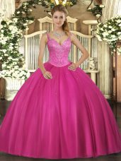 Artistic Beading Vestidos de Quinceanera Fuchsia Lace Up Sleeveless Floor Length