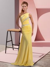 Yellow Column/Sheath Chiffon One Shoulder Sleeveless Beading Floor Length Lace Up Prom Gown Sweep Train