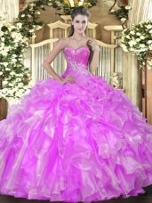Floor Length Lilac Quinceanera Gown Organza Sleeveless Beading and Ruffles