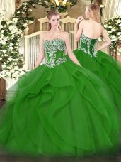 Green Tulle Lace Up Strapless Sleeveless Floor Length Ball Gown Prom Dress Beading and Ruffles