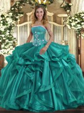 Turquoise Sleeveless Floor Length Beading and Ruffles Lace Up Sweet 16 Dresses