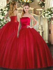 Nice Red Ball Gowns Ruching Sweet 16 Dresses Lace Up Tulle Sleeveless Floor Length
