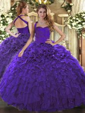 Stunning Sleeveless Organza Floor Length Lace Up Ball Gown Prom Dress in Purple with Ruffles