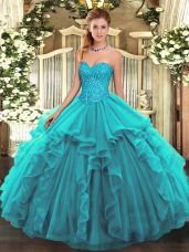 Elegant Teal Ball Gowns Tulle Sweetheart Sleeveless Beading and Ruffles Floor Length Lace Up Sweet 16 Dresses