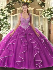Fuchsia Sleeveless Floor Length Beading Lace Up Ball Gown Prom Dress