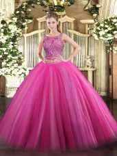 Hot Pink Scoop Neckline Beading Vestidos de Quinceanera Sleeveless Lace Up