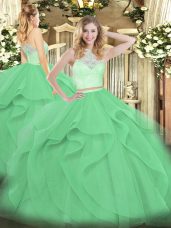 Cute Sleeveless Zipper Floor Length Lace and Ruffles Quince Ball Gowns