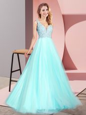 Flirting Floor Length A-line Sleeveless Aqua Blue Zipper