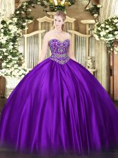 Dramatic Sleeveless Satin Floor Length Lace Up Quinceanera Gown in Purple with Beading