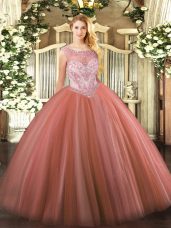 Fantastic Red Ball Gowns Scoop Sleeveless Tulle Floor Length Zipper Beading Quince Ball Gowns