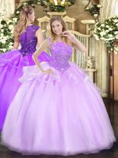 Hot Selling Scoop Sleeveless Quinceanera Dresses Floor Length Beading Lilac Organza