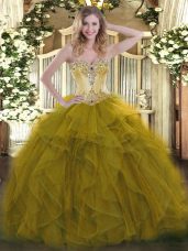 Sweetheart Sleeveless Lace Up Quince Ball Gowns Olive Green Organza