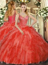 Sleeveless Tulle Floor Length Lace Up Quince Ball Gowns in Red with Beading and Ruffles