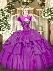 Fuchsia Ball Gowns Beading and Ruffled Layers Ball Gown Prom Dress Lace Up Organza and Taffeta Sleeveless Floor Length