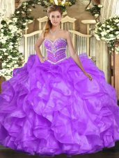 Adorable Lavender Ball Gowns Organza Sweetheart Sleeveless Beading and Ruffles Floor Length Lace Up Sweet 16 Dress
