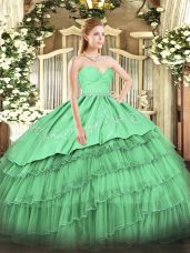 Hot Selling Sleeveless Organza and Taffeta Floor Length Zipper Quinceanera Dresses in Green with Beading and Lace and Embroidery and Ruffled Layers