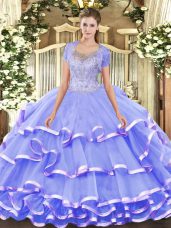 Hot Selling Floor Length Clasp Handle Ball Gown Prom Dress Lavender for Military Ball and Sweet 16 and Quinceanera with Beading and Ruffled Layers