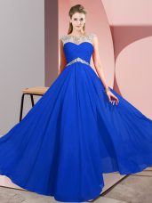 Shining Sleeveless Chiffon Floor Length Clasp Handle Prom Dress in Royal Blue with Beading